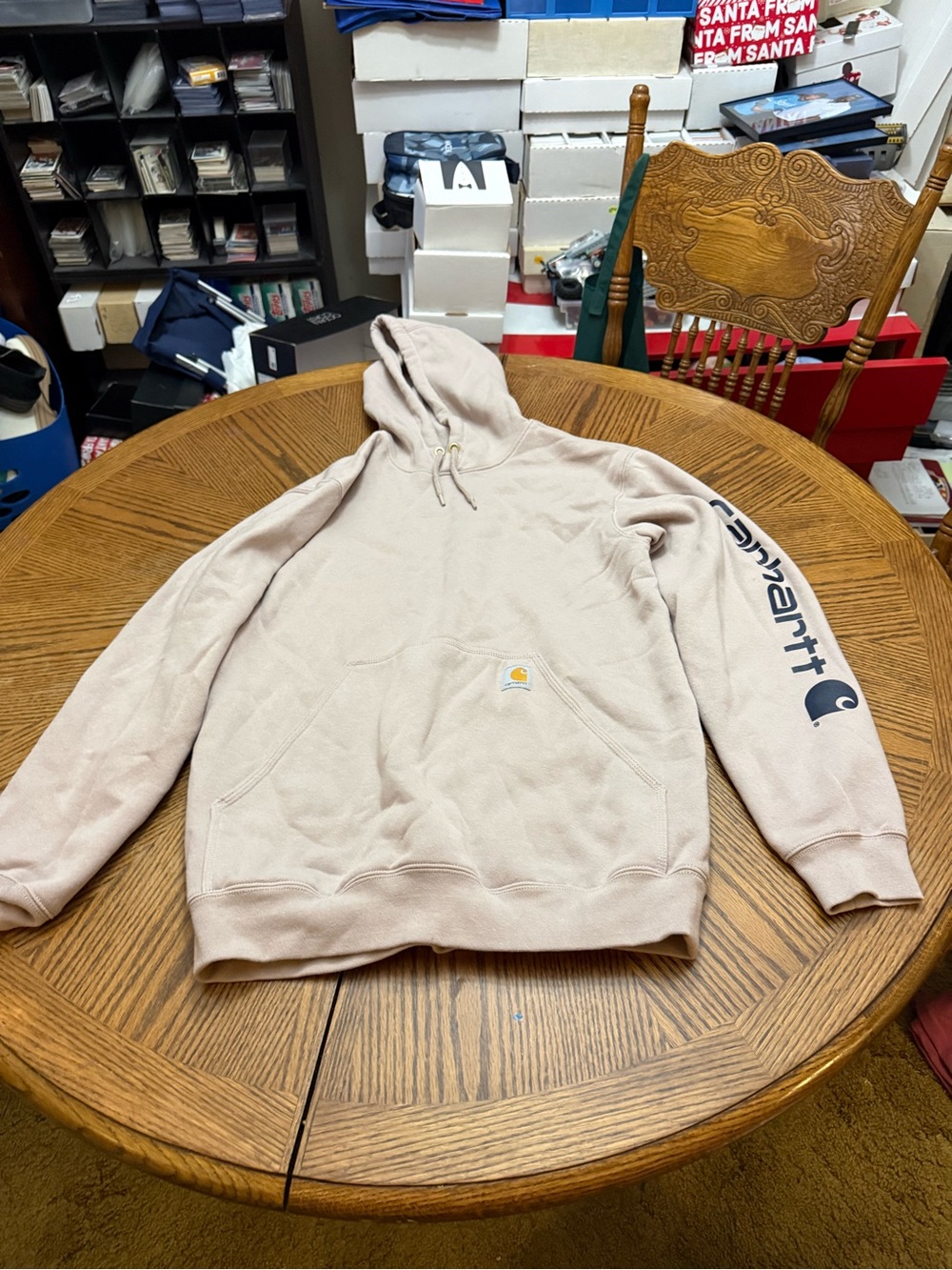 Carhartt Men’s Crewneck Hoodie in Light Beige with Black Sleeve Logo